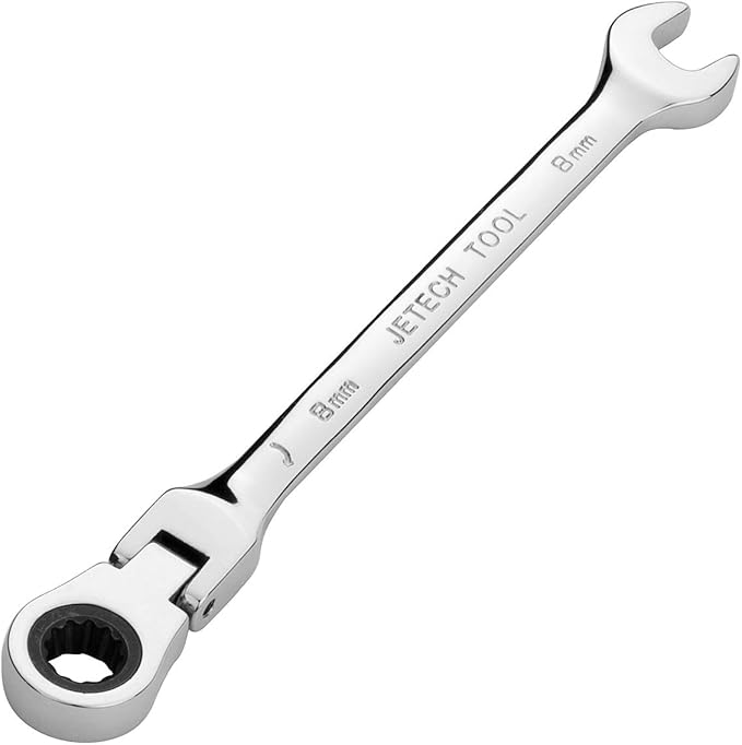 Jetech 8mm Flexible Head Ratchet Wrench, Industrial Grade Cr-V Steel, 12 Point, Off Corner Design, 72 Tooth Ratchet, 180 Degree Flexible Box End