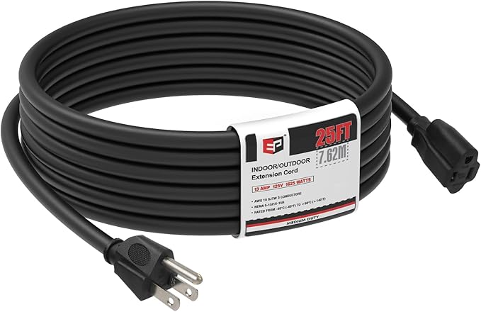 EP 25FT Black Outdoor Extension Cord, 16/3 SJTW Heavy Duty Waterproof, 3 Prong Grounded Plug, 13A 1625W 16AWG, Cold-Resistant Flexible Power Cable for Garden, Home, Christmas Lights