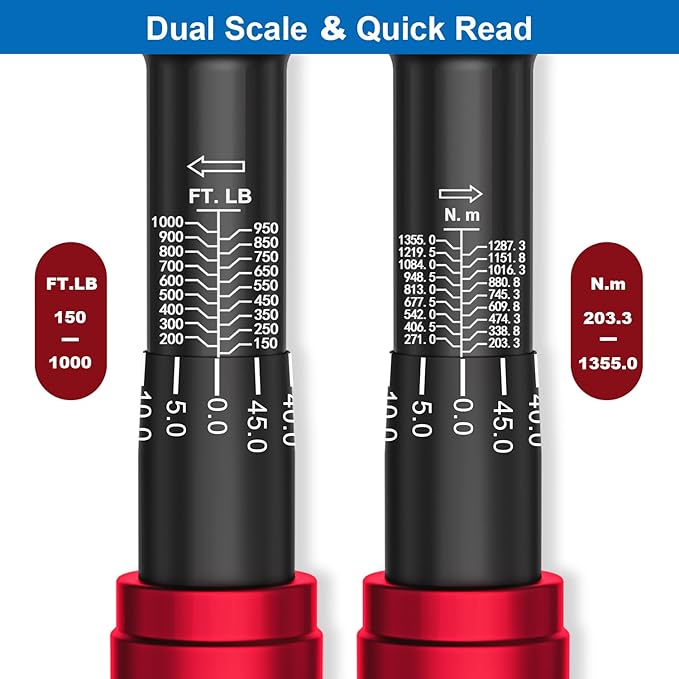 3/4-inch Drive Click Torque Wrench, 150-1000ft.lb/203.3-1355Nm, 48 Tooth Dual-Direction Click Torque Wrench with a Hex Key for wind turbines,dockyards, car,truck repair