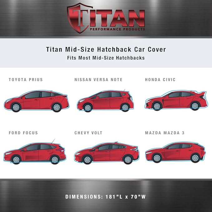 Titan Premium Multi-Layer PEVA Car Cover for Hatchbacks 165-181". Waterproof, UV Protection, Anti-Scratch Protective Lining, Driver-Side Zippered Opening. Fits Prius, Focus, Civic and More.