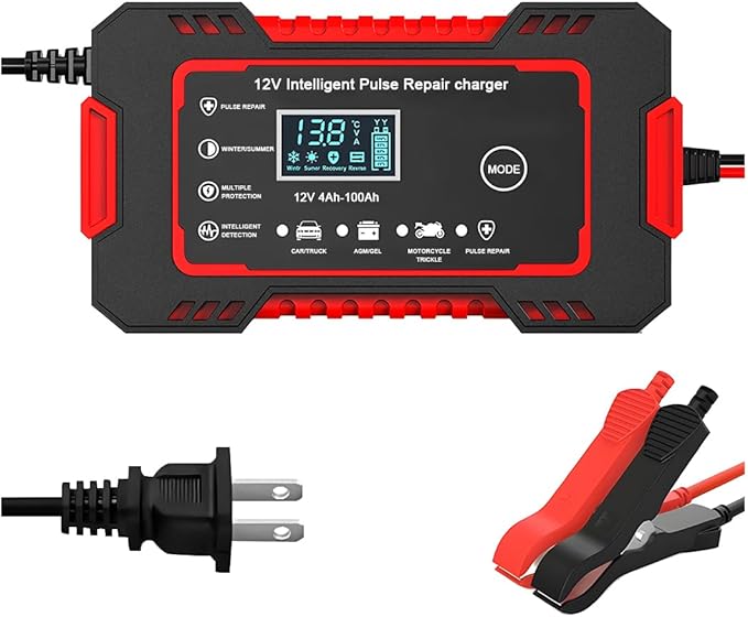 Mandark Car Battery Charger, 12V 6A Smart Fully Automotive Battery Trickle Charger, Portable Vehicle Battery Maintainer Desulfator with Temperature Compensation, Universal for SUV RV Truck (Red)