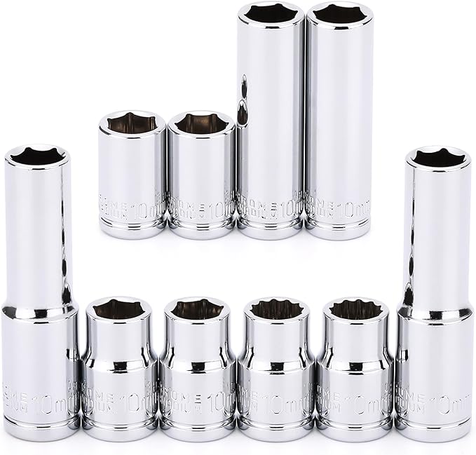 MIXPOWER 10PCS 1/4"& 3/8" Drive 10mm Deep&Shallow Socket, CR-V, Metric, Mirror Finish, 6 Point&12 Point