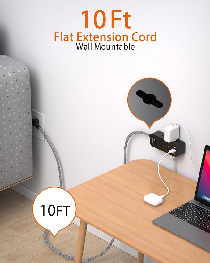10 FT Black Extension Cord, BESHON Surge Protector Power Strip with 6 Outlets 3 USB Ports(1 USB C), 3-Side Outlet Extender, Flat Plug, Wall Mount for Home, Office, Travel, and Dorm Essential