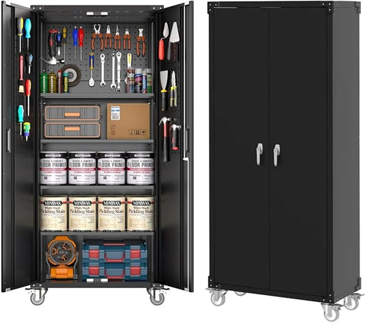 Metal Garage Storage Cabinet with Doors and Wheels, 72" High Lockable Storage Cabinet with 4 Adjustable Shelves and Pegboard, for Garage Workshop Home Office