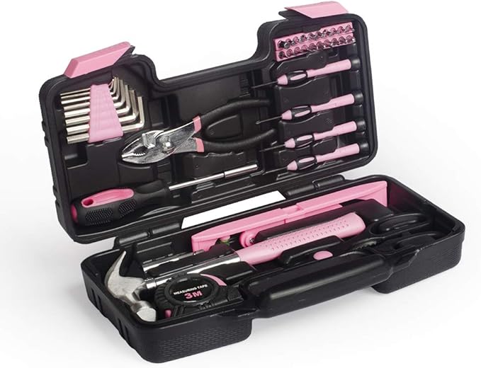 39-Piece General Tool Set-Essential Household Hand Tool Kit with Portable Toolbox Storage Case（Pink—Level Ruler））