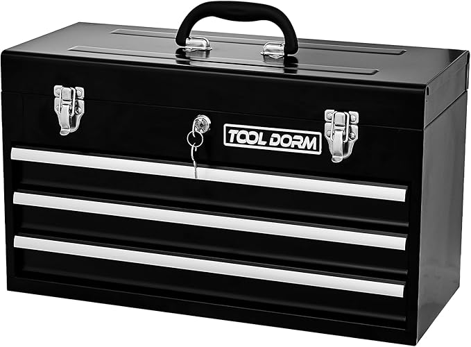 20.3“ Metal Tool Box with Drawers Portable Steel Tool Box with Protective Liner and Latch Closure and Lock for Garage, Home and Warehouse (Black-3 Drawers)