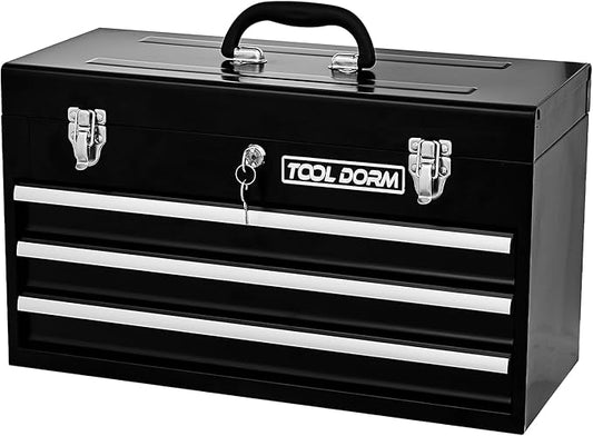 20.3“ Metal Tool Box with Drawers Portable Steel Tool Box with Protective Liner and Latch Closure and Lock for Garage, Home and Warehouse (Black-3 Drawers)