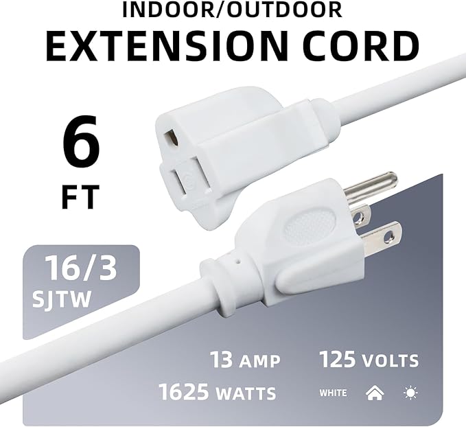 EP 2 Pack 6 Ft Outdoor Extension Cord - 16/3 SJTW White Electrical Cable with 3 Prong Grounded Plug