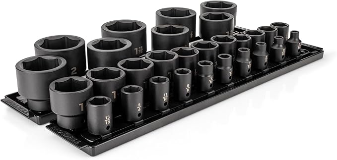 TEKTON 1/2 Inch Drive Shallow 6-Point Impact Socket Set with Rails and Tray, 29-Piece (5/16-2 in.) | SID92108