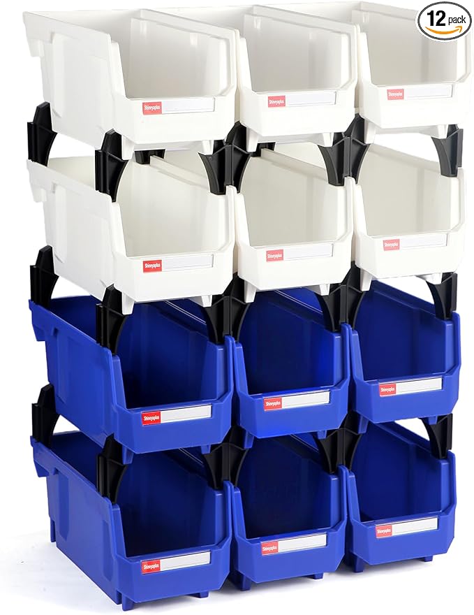 Stackable Storage Bins 12 Pack (11x5x5 Inch), Plastic Stackable Storage Organizer Bins Wall Mounted Hanging Small Parts Bin for Garage, Workbench & Office (Blue & White)