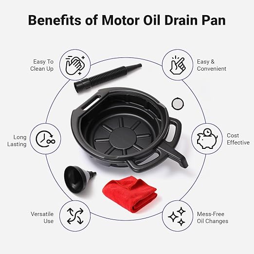 Oil Change Kit - Includes 8-Quart Oil Pan, Longneck Oil Funnel with Removable Filter, and 5 Pack of Shop Towels - Motor Oil Drain pan for Changing Oil - Oil Change Value Kit with by Foxtrot Living
