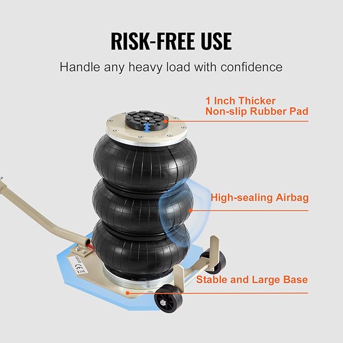 VEVOR Air Jack, 3T / 6600 lbs Triple Bag Air Jack, Airbag Jack with Six Steel Pipes, Lift up to 17.7 inch/450 mm, 3-5 s Fast Lifting Pneumatic Jack, with Long Handles for Car, Garage, Repair