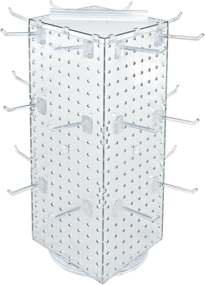 Azar Displays 703385-CLR-4C24, Four-Sided Revolving 8"W x 20"H Pegboard Counter Display w/ 24 Hooks- 4” Length, Clear