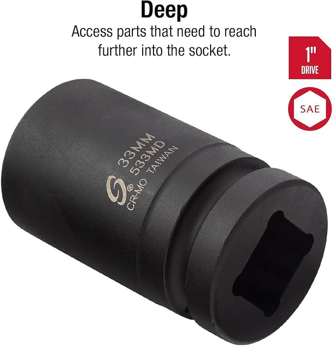 SUNEX TOOLS 533MD, 1 Inch Drive, 33mm Deep Impact Socket, Cr-Mo Steel, Radius Corner Design, Chamfered Opening, Dual Size Markings