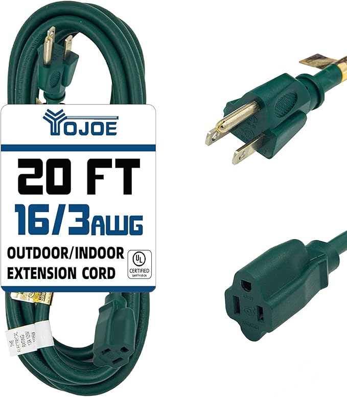 YOJOE Indoor Outdoor Extension Cord, 3 Prong 13A Weatherproof Power Cord, 16 Gauge Heavy Duty 20 ft Green Extension Cord for Garage, Garden and Home, 16/3 SJTW UL Listed