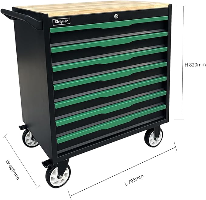 7-Drawer Tool Chest with Wood Top, 31.3W x 18.9D x 32.3H inches, Black and Green，Locking Rolling Tool Box with Wheels,Mechanic Tool Cabinets for Garage, Warehouse,Repair Shop,Workshop