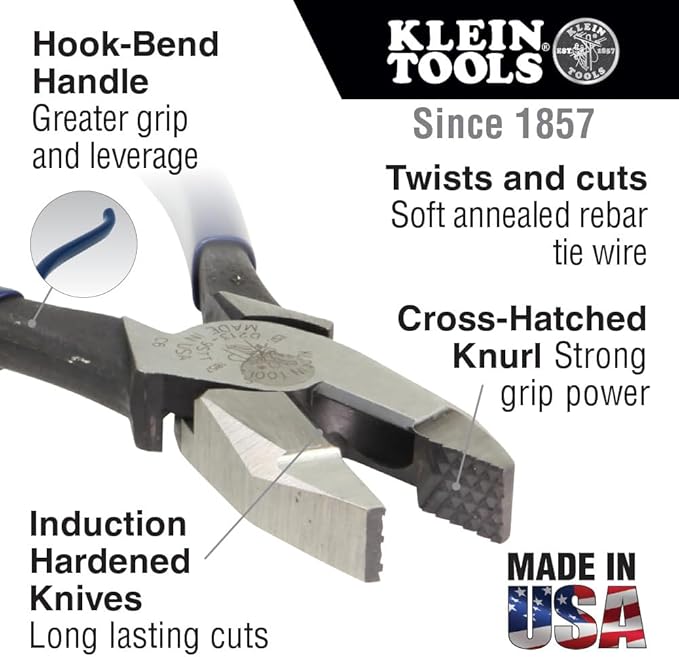 Klein Tools D201-7CST Ironworker Pliers, Spring Loaded Side Cutters, Twists and Cuts Annealed Rebar Tie Wire, Heavy-duty Knurled Jaws, 9-Inch Long