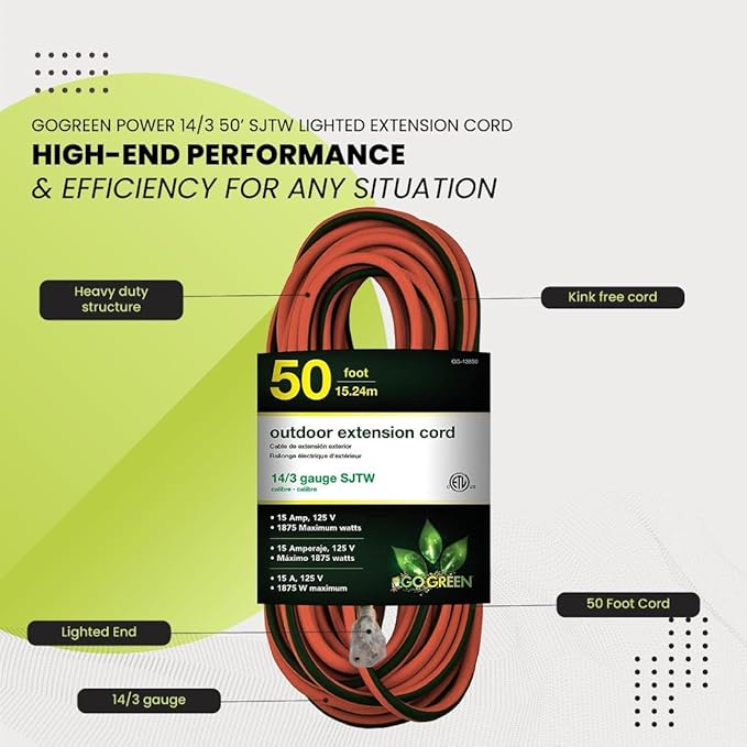 Go Green Power Inc. 14/3 50ft Outdoor Lighted Extension Cord - Heavy Duty, Contractor Grade, Moisture Resistant, Visible Power Indicator for Safety - Ideal for Tools & Equipment - GG-13850