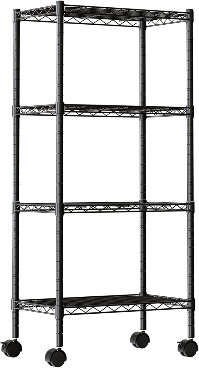 DUMOS Industrial 4 Level Grid Storage Rack ，Mobile Metallic Shelving System with Lockable Wheels， Multi-Purpose Cabinet for Workshop, Culinary Space, Storeroom, Washroom & Restroom Black