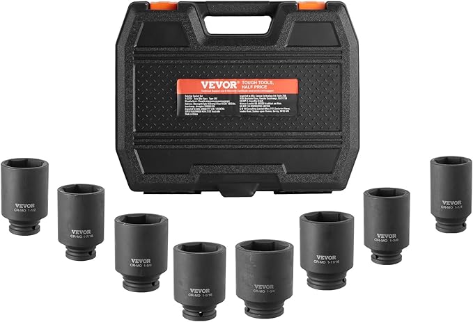 VEVOR Axle Nut Impact Socket Set - 1/2" Drive Deep 6-Point 8-Piece SAE Spindle Nut Socket CR-MO Heat Treated Large Socket Set with Storage Case for Auto Repair, Removing or Installing Axle Nuts