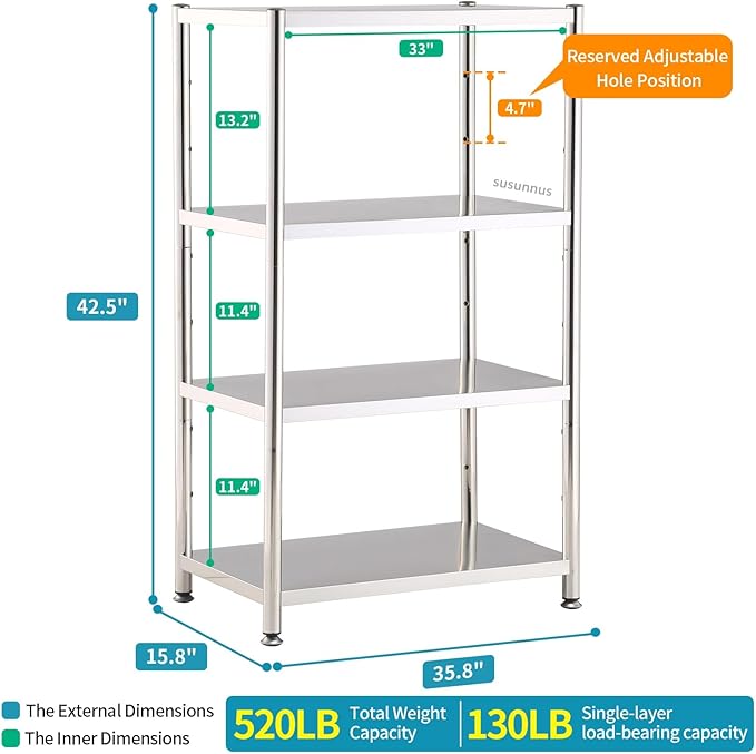 susunnus 4-Tier Stainless Steel Shelf, Heavy Duty Shelving for Kitchen, Garage, Industrial Storage, Kitchen Shelves Adjustable Feet, Easy to Clean(35.8in*15,8in Without Guardrails)