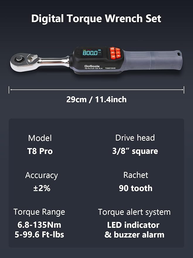 Goseek Digital Torque Wrench 3/8'' Drive, 5-99.6 Ft-lbs/6.8-135Nm, 90 Tooth Torque Wrench with Buzzer & LED Indicator, Electronic Torque Wrench Set for Bike Motorcycle Car Tire Auto Repair