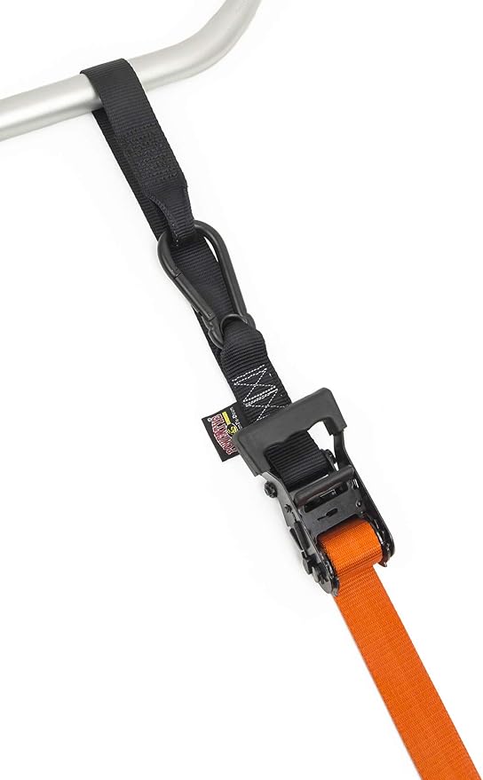 PowerTye 1.5in x 6.5ft Heavy-Duty Special Edition Ratchet Straps with Soft-Tye and Black Carabiner Hooks - 1,000 lb Working Load Limit - Made in USA - Orange/Black (Pair)