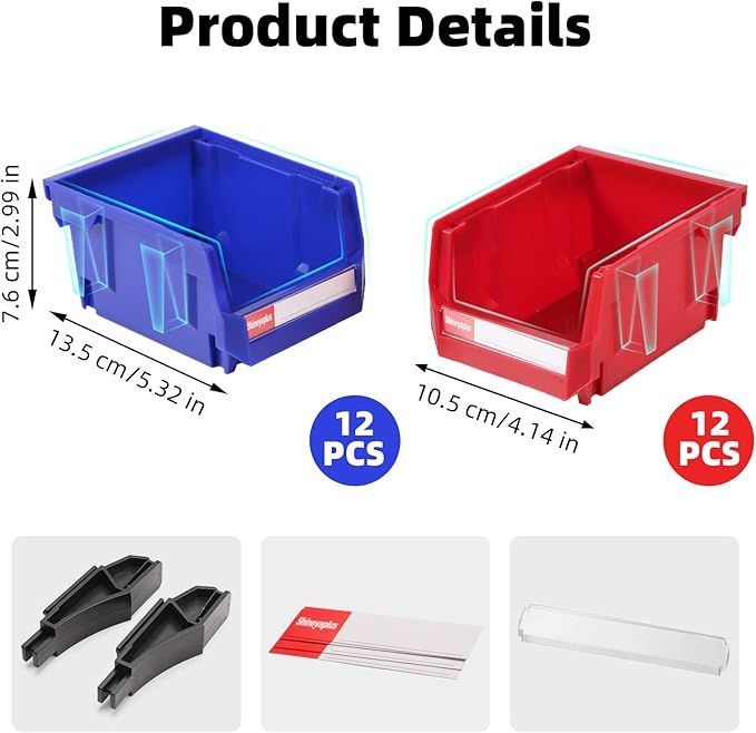 Stackable Parts Organizer 24 Pack (5x4x3 Inch), Small Parts Bins Wall Mounted Hanging Storage Bins for Screw, Hardware, Garage, Workbench & Office (Blue & Red)