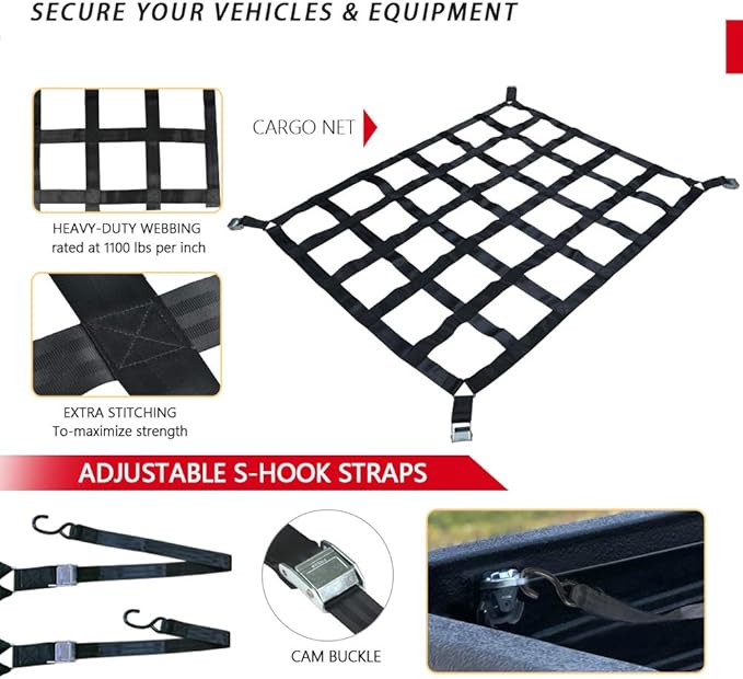 Surmountway Heavy Duty Cargo Net - 66" x 50", 1100LBS Capacity, Adjustable Cam Buckles & S-Hooks, Fits Pickup Truck & Trailer Beds