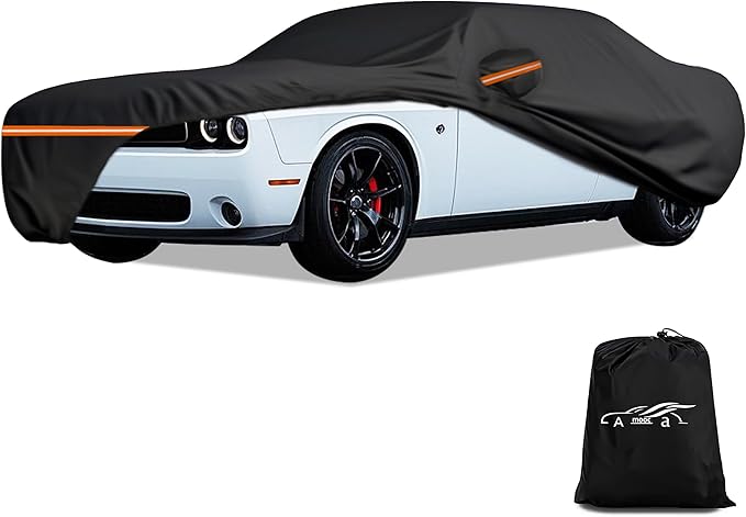 Amooca Heavy-Duty Car Covers Custom Fit for Dodge Challenger 2008-2024 Waterproof Sun-Proof All Weather for Automobiles Snow Cover 420D with Door Zipper Cotton Lining