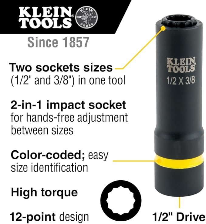 Klein Tools 66011 2-in-1 Impact Socket with 12-Point Deep Sockets, Coaxial Spring Loaded in 1/2- and 3/8-Inch Sizes