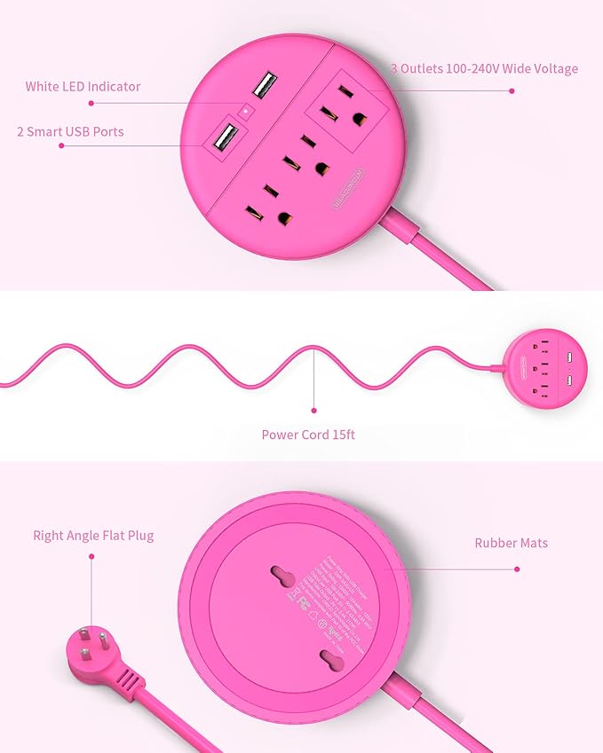 15 ft Extension Cord Power Strip with USB, NTONPOWER Mountable Power Strip Flat Plug with 3 Outlet 2 USB, ETL Listed, Desktop Charging Station, Compact Size for Home Office Dorm Room Nightstand, Pink