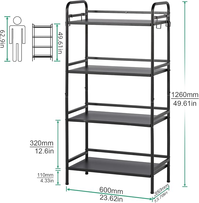 HDANI Storage Shelves, 4-Tier Metal Storage Rack with Shelf,Shelf Organizer,Garage Standing Shelving Unit for Laundry,Bathroom,Kitchen,Pantry, Closet,23.6''W X 13.8''D X 50 H'',Black
