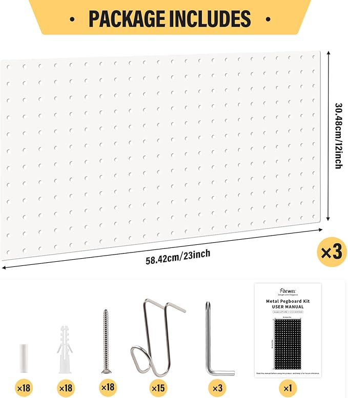 DEWEL Wall Organizer Peg Board, 3Pcs Metal Pegboard Panels with Hooks, 23" x 12" Heavy Duty Pegboard Wall Organizer for Workbench, Workshop, Office, Craft Room (3pcs white)