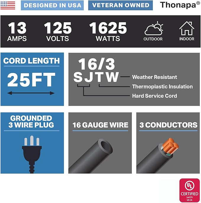 Thonapa 13 Amp Outdoor Extension Cord 25 ft, 16/3 SJTW 25 Foot Black Extension Cord 3 Prong, Weatherproof Exterior Power Cable for Outdside Lights & Lawn, UL Certified - US Veteran Owned