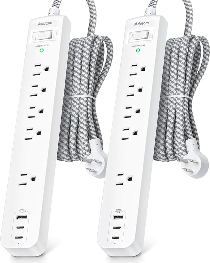 6Ft Power Strip Surge Protector, Flat Extension Cord - Outlet Extender with 2 USB C 5 Wildely AC Outlets, Flat Plug, Desktop Charging Station for College Dorm Room Essentials, White