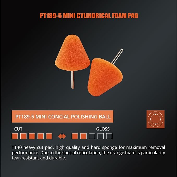 SPTA Orange Cone Heavy Cut Pad with 1/8" Shank, 5Pcs Orange Flexible Shaft Cone Polishing Pad Set,Mini Car Detailing Pads for Small Area for Flexible Shaft & Drill Attachment -PT189-5