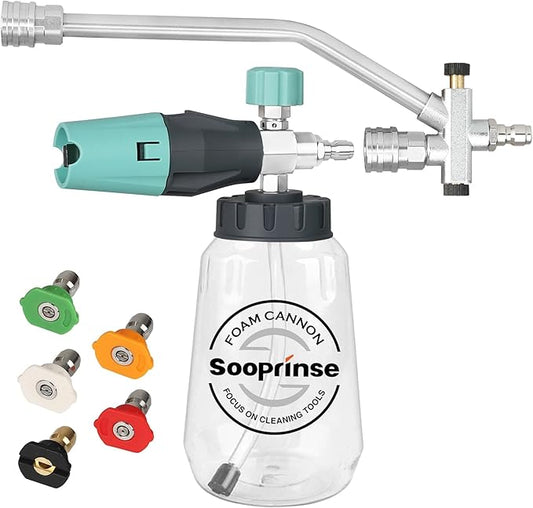 Sooprinse Pressure Washer Foam Cannon with Dual Connector Accessory, Power Washer Soap Cannon with Double Tip Attachment, 5 Power Washer Nozzle Tips, 1/4" Quick Connect, 4000 PSI