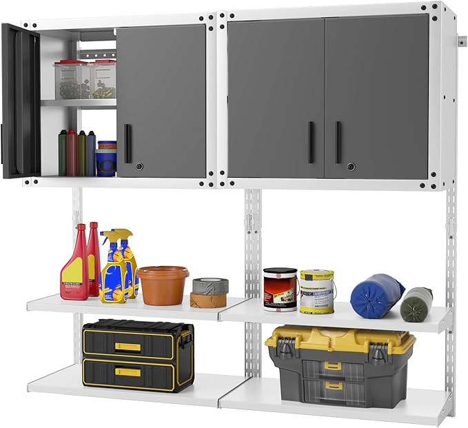 Goplus Garage Wall Cabinet, Metal Wall Mounted Tool Storage Chest with 3 Adjustable Shelves, Lockable Doors, Keys, Hanging Tool Cabinet for Workshop, Basement, Kitchen