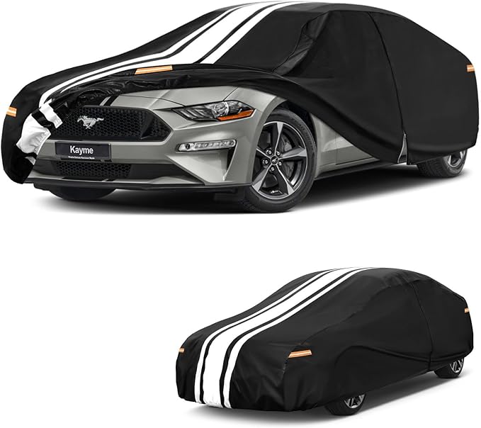 Kayme Heavy Duty Car Cover Custom Fit for Ford Mustang/Shelby/Mustang GT GT350 GT500 (1965-2025), Outdoor Full Exterior Cover with Tape and Towel, Rain Snow Sun UV Protection.