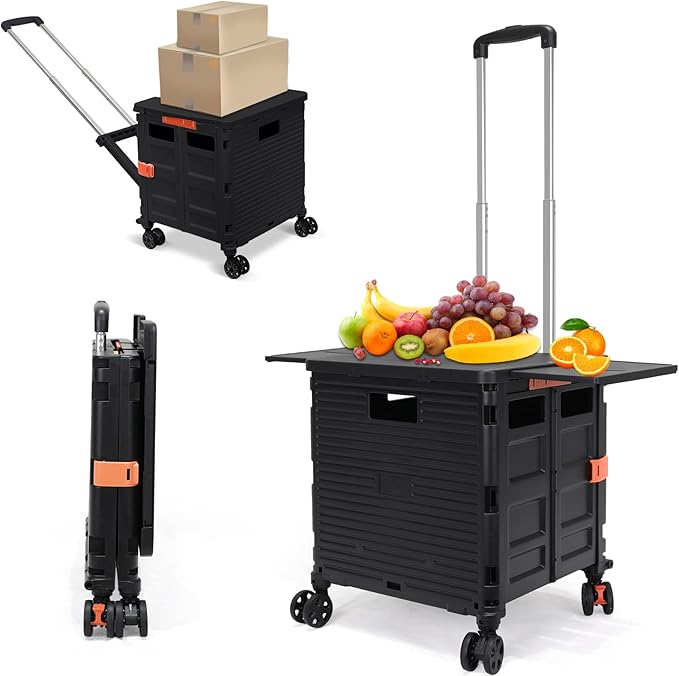 SELORSS Foldable Utility Cart Rolling Crate Handcart Shopping Cart with Rotate Wheels Extended Magnetic Lid Telescoping Handle Adjustable Angle for Transports Groceries Office Teacher File(Black)