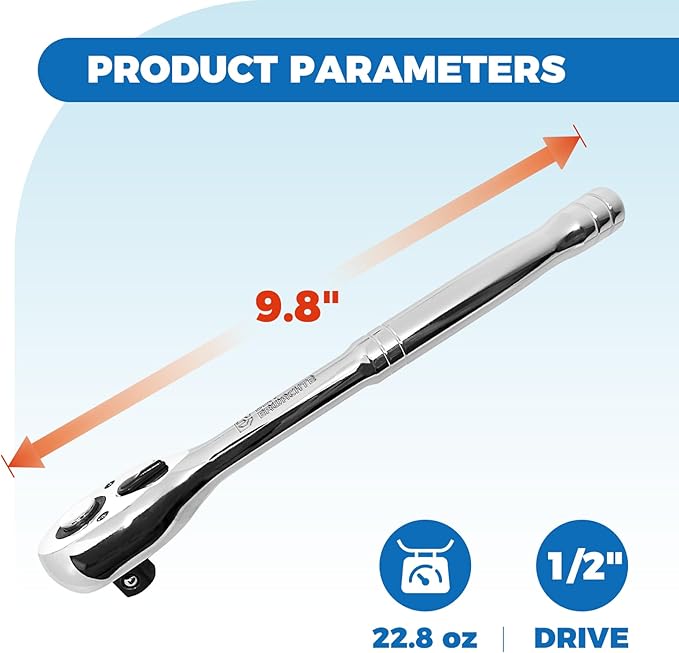 1/2-Inch Drive Ratchet, Quick-Release Reversible Ratchet Wrench, 72-Tooth 1/2 Drive Ratchet Handle, Chrome Alloy Made, Cr-Mo Head,Full Polished