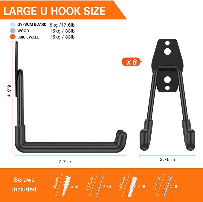 HUPBIPY Heavy Duty Garage Hooks 8 Pack, 7.7 inch U Shaped Long Hanger, Wall Mounted Storage System, Power and Garden Tool Organizer, for Hanging Ladders, Bikes, Hose, Bulk Items and More