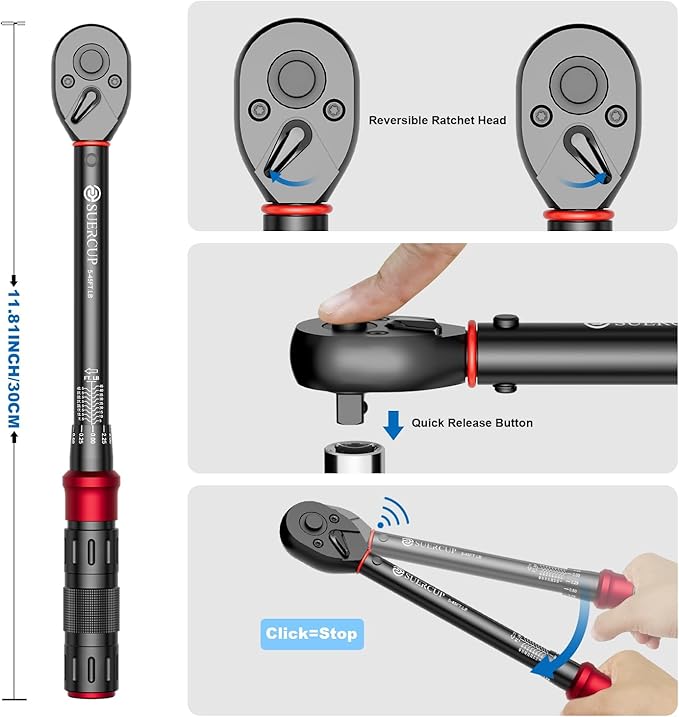 3/8-Inch Drive Click Torque Wrench - 5-45 Ft-Lb/6.8-61Nm, Dual-Direction Adjustable 72 Tooth Click Torque Wrench for Bike, Motorcycle and Car Repair