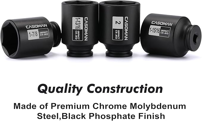 CASOMAN 4 Pieces 1/2" Dr. Deep Impact Socket Set, 1/2-Inch Drive Spindle Axle Nut Impact Socket Set, 1-13/16", 1-7/8", 1-15/16", 2", CR-MO, 6-Point, SAE