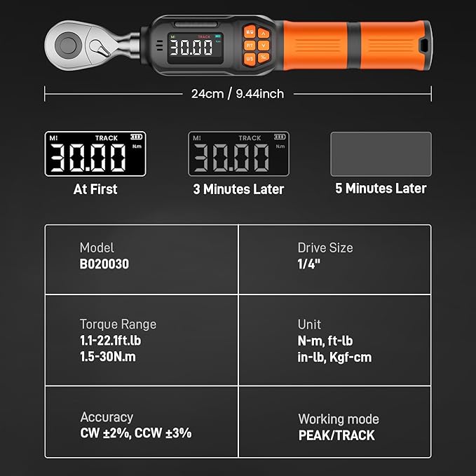 Digital Torque Wrench Set, 1.1-22.1 Ft.lb/1.5-30 Nm, 1/4" Drive Inch Pound Bike Torque Wrench Electronic with Buzzer & LCD Indicator for Bicycle E-bike Motorcycle