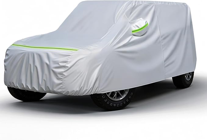 Favoto Car Cover All Weather - for Jeep Wrangler 2 Door Waterproof 6 Layers Heavy Duty Outdoor UV Rain Snow Protection with 4 Windproof Straps Zipper Universal Fit for Jeep (167"-177")