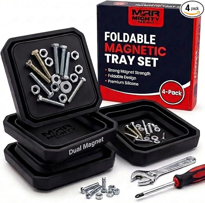 Collapsible Magnetic Tray Set – 4 Pcs Silicone Parts Tray with Dual-Sided Magnetic Plate, Automotive Tools for Screws, Nuts, Bolts, & Small Metal Parts Holder – 5x3x5 Inches, Black