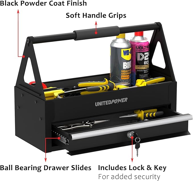 UNITEDPOWER Handy Tool Box With 1 Drawer，Portable Metal Tote Tray with comfortable grip handle, Tool Organization for Household, Warehouse, Repair Shop, Black