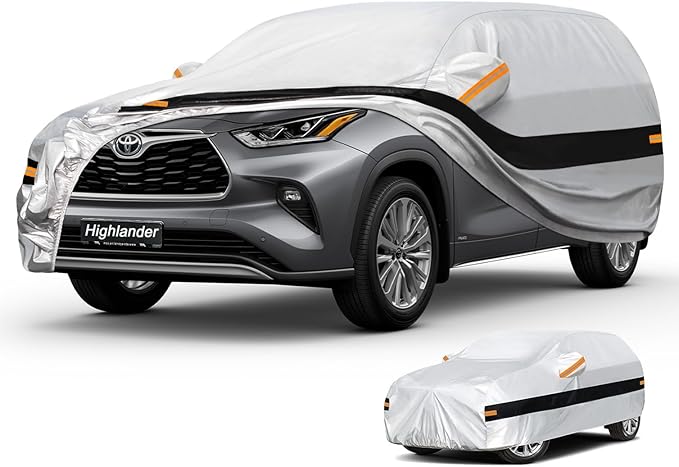 10 Layers SUV Car Cover Custom Fit for Toyota Highlander (2013-2024) Waterproof All Weather for Automobiles, Outdoor Full Cover Rain Sun UV Protection.Silver